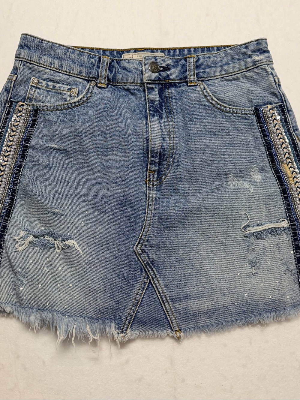 Free People Distressed Blue Denim Mini Skirt with Beaded Trim